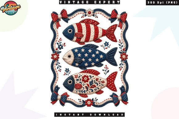 Americana Fishing Patchwork PNG: Patriotic Quilt-Style Fish Design