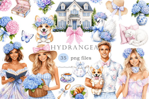 Coquette Watercolor PNG Blue Pink Floral and Hydrangea Clipart