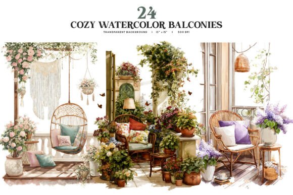 Cozy Watercolor Balcony PNG Collection for Creative Projects