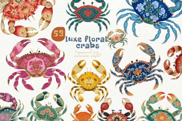 Elevate Coastal Projects with Watercolor Floral Crabs Clipart