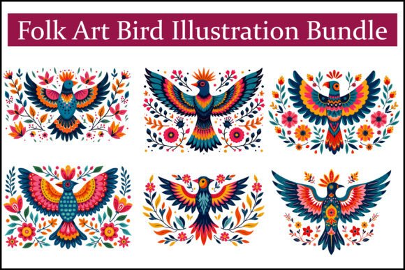 Folk Art Bird Illustration Bundle: Vibrant Design Assets for Creative Projects