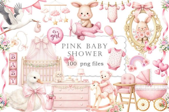 Pink Baby Shower Clipart Watercolor PNG: A Designer's Delight