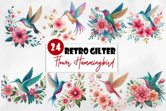 Retro Gilter Flower Hummingbird Clipart: A Design Asset for Vibrant Branding