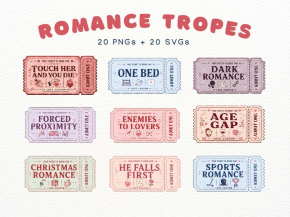 Romance Trope Ticket Cliparts: A Bookish Design Toolkit