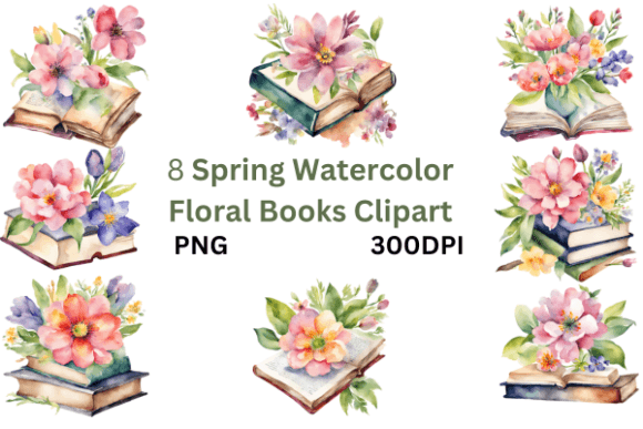 Spring Watercolor Floral Books Clipart: Infuse Your Designs with Literary Charm