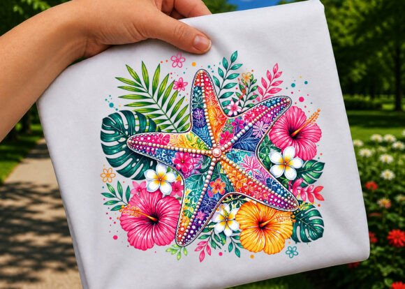 Tropical Summer Floral Starfish PNG: Design with Coastal Elegance