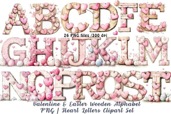 Valentine & Easter Wooden Alphabet PNG: Heart Letters Clipart Set
